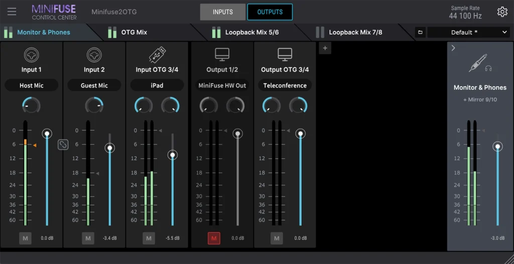 Arturia MiniFuse 2 OTG MiniFuse Control Center a simple mix of two microphones sent to a DAW on Loopback 9-10