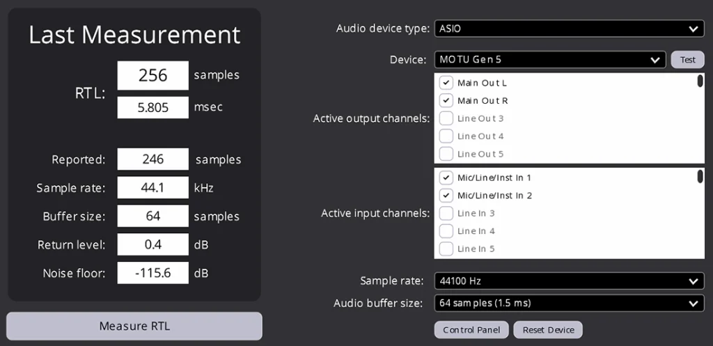 MOTU 828 RTL Latency test 1