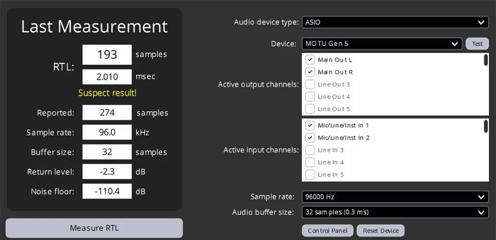 MOTU 828 RTL Latency test 2