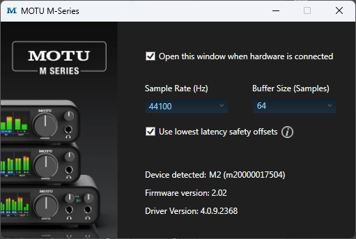 MOTU M2 software driver panel